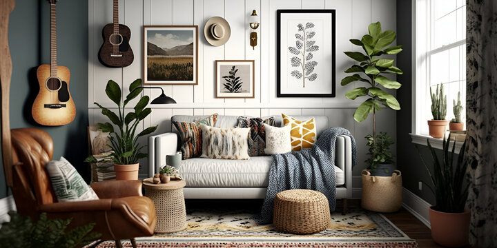 Boho style living room design, Colorful boho living room, Beautiful bohemian living room, Modern bohemian living room, Rustic boho living room, Colorful boho living room, generative ai