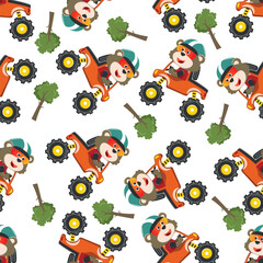Seamless pattern vector of monster truck with animal driver. Creative vector childish background for fabric textile, nursery background, baby clothes, poster, wrapping paper and other decoration.