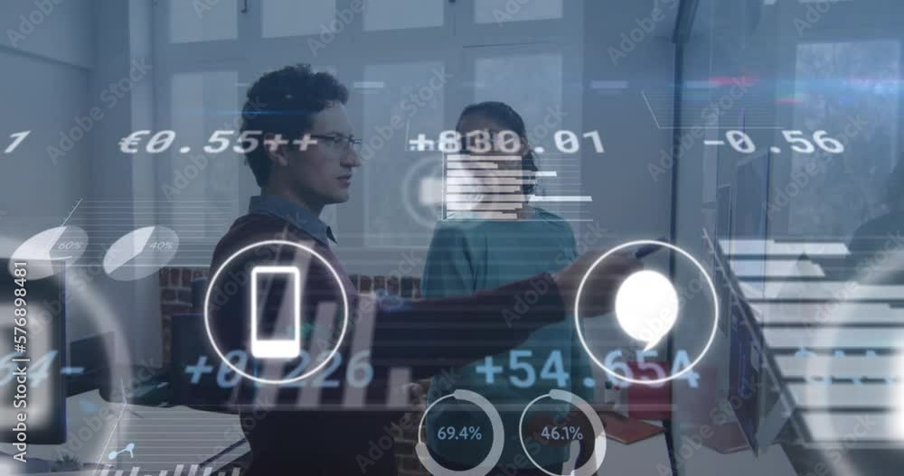 Poster animation of icons and data processing over diverse business people working in office