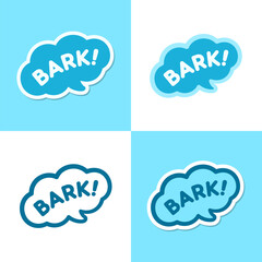 Dog bark animal sound effect text in a speech bubble balloon clipart set. Cute cartoon onomatopoeia comics and lettering.