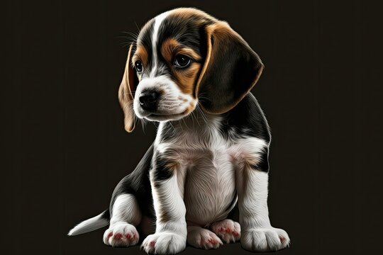 On a black background, a photograph of a sweet little beagle puppy or baby. Visual art such as paintings, illustrations, and even wallpapers. Generative AI