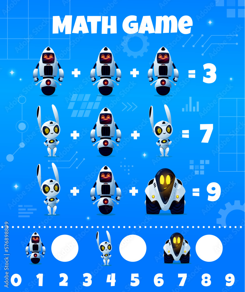 Aufkleber cartoon droids and robots on math game worksheet, vector kids quiz. funny transformer robots and ali
