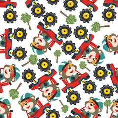 Seamless pattern vector of monster truck with animal driver. Creative vector childish background for fabric textile, nursery background, baby clothes, poster, wrapping paper and other decoration.