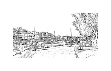 Building view with landmark of Porto Cristo is the 
town in  Spain. Hand drawn sketch illustration in vector.