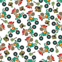 Seamless pattern vector of monster truck with animal driver. Creative vector childish background for fabric textile, nursery background, baby clothes, poster, wrapping paper and other decoration. © Hijaznahwani
