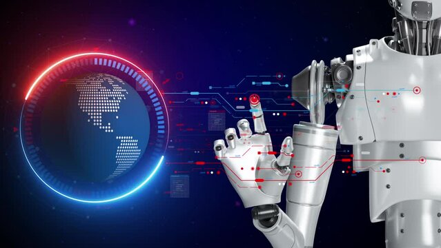Robot shows rotating virtual earth hologram with innovation technology background. Concept of robot, big data analytic, artificial intelligence, global business and digital link, futuristic interface.
