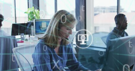 Animation of icons and data processing over diverse business people working in office - Powered by Adobe