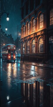 Bus Running In Nostalgic Night At Empty Raining London Streets