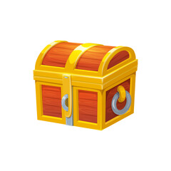 Wooden treasure chest, closed trunk box, cartoon vector ui game asset. Isolated ancient coffer with gold or pirate loot, bonus, prize, winner reward case with gem stones or golden coins, decorated box