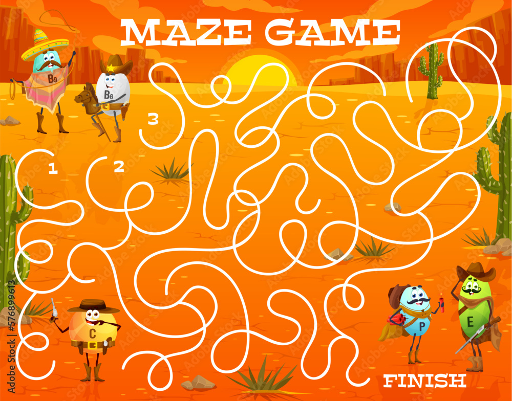 Poster labyrinth maze, cartoon vitamins help sheriff and cowboy to catch bandits, vector quiz game. vitamin