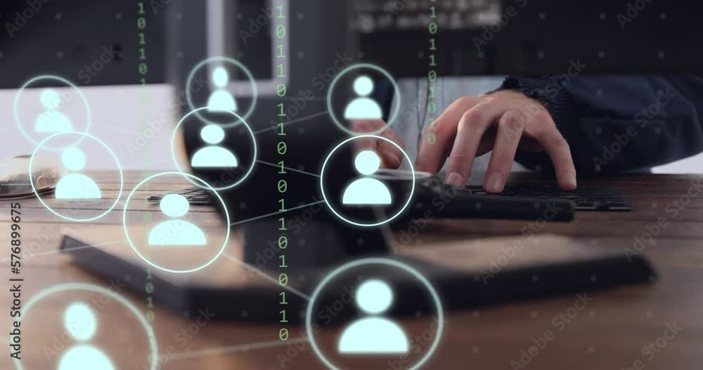 Poster animation of icons and data processing over businessman using computer working in office