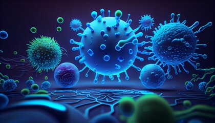 Blue illustration of viruses, bacteria and microorganism cells. Generative AI, Generative, AI