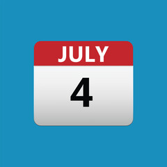 4th July calendar icon. July 4 calendar Date Month icon vector illustrator