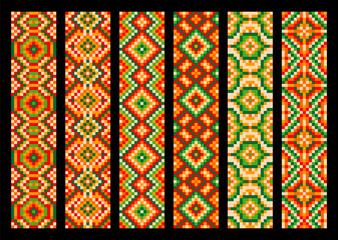 Ethnic mexican pixel pattern with aztec tribal ornament. Vector borders, ribbons and stripes with color geometric mosaic for Mexico embroidery, fabric, carpet or clothes decoration