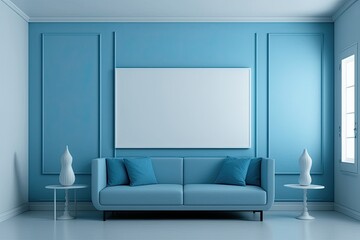 Virtual blue sofa in living room with clear space to the right is a mockup. Generative AI