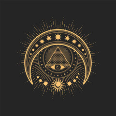 Crescent, Eye of Providence, egyptian pyramid, moon, stars and sun esoteric occult symbols, vector magic tarot designation Masonic or illuminati spiritual symbolic, occultism sign, pagan amulet - obrazy, fototapety, plakaty