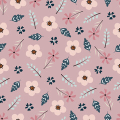 Aesthetic floral seamless pattern design. Exquisite blooming flowers and leaves. Allover foliage repeat textured background