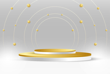 Obraz premium Abstract 3D gray room with a gold cylinder podium set. Minimum scene for product display presentation. Vector geometric platform. Stage for showcase. EPS 10