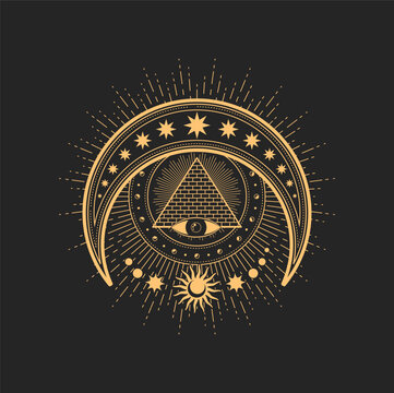 Crescent, Eye of Providence, egyptian pyramid, moon, stars and sun esoteric occult symbols, vector magic tarot designation Masonic or illuminati spiritual symbolic, occultism sign, pagan amulet