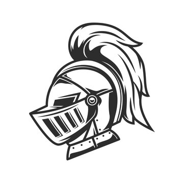 Knight warrior helmet, heraldry armor with plume. Vector great helm of medieval soldier, knight, roman gladiator, spartan fighter or greek army warrior. Ancient iron battle helmet or armet front view