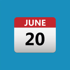 20th June calendar icon. June 20 calendar Date Month icon