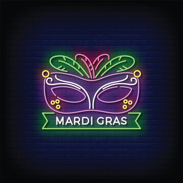 Neon Sign mardi gras with brick wall background vector