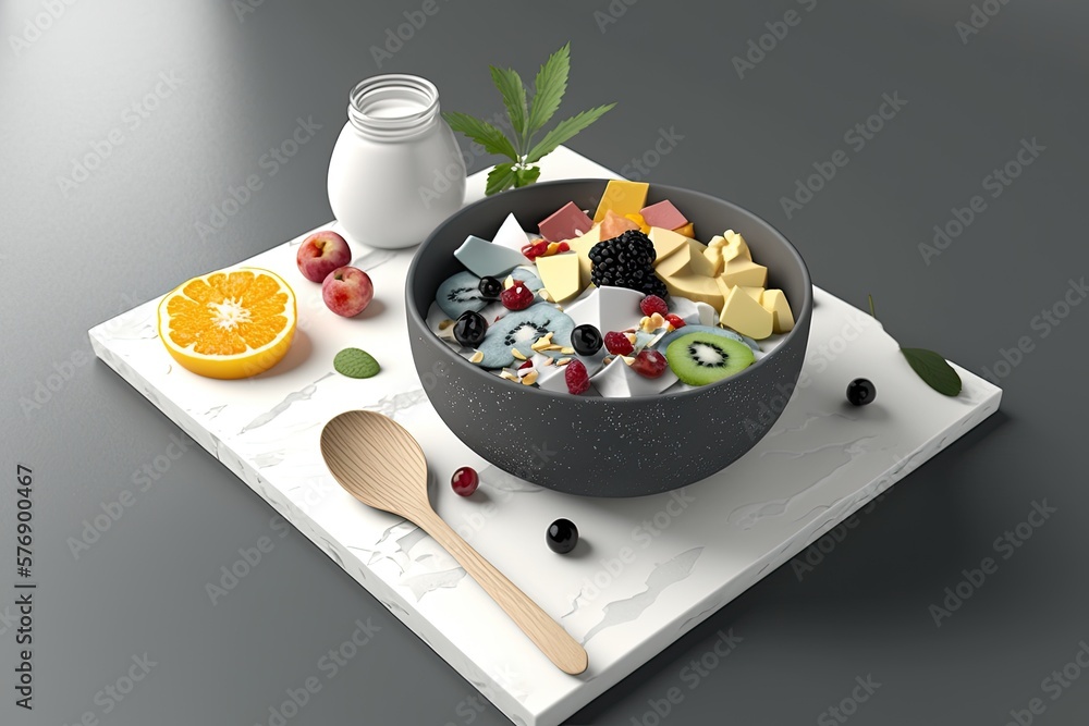 Sticker Grey table with a delicious fruit salad and yogurt. Generative AI