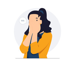 Timid shy woman hiding behind her shirt covering face with hand and peeking through, embarrassing, feeling sorry, shying concept illustration