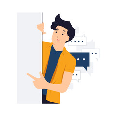 Peeking behind a wall while pointing finger with curiosity concept illustration