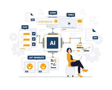 Artificial intelligence created generate art with prompt, AI servers and robots technology with neural network thinks. a digital brain is learning to process big data concept illustration