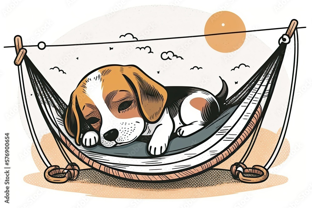 Poster a tiny beagle puppy dozing off in a hammock. generative ai