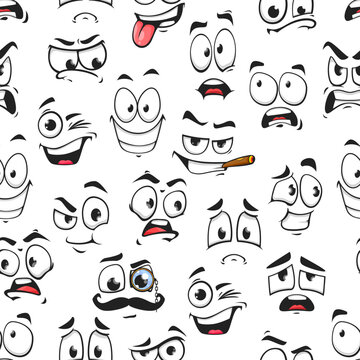 Cartoon funny emoji faces seamless pattern, giggle eye emoticons vector background. Big eye emoji pattern with silly, smiling or sad and upset expression faces, emoticons laughing and blinking
