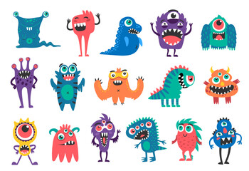Cartoon monster characters, funny creatures or bizarre alien animals, vector cheerful personages. Cute cartoon happy monsters, trolls and yeti bigfoot for kids, dragon and big eye cyclops with gremlin © Vector Tradition