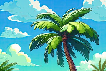 Picture of a coconut tree against a blue sky. Generative AI