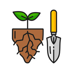 Gardening and farming agriculture, agronomy color line icon. Sapling cultivation thin line vector icon with sprout in soil and gardening scoop. Plant or seed grow, farming outline pictogram