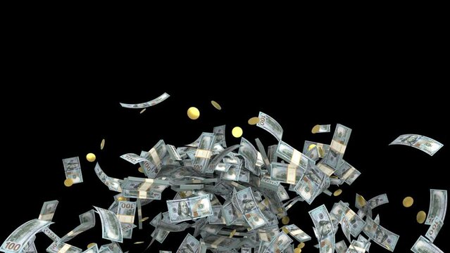 Flow of flying and falling dollars and gold coins pack - 3d render with alpha channel.