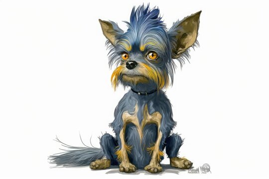 Ratty old man in blue and gold Doggy, probably a Yorkshire Terrier, sitting upright and looking forward Smiling and looking directly at the camera. Stands out against the pure white background