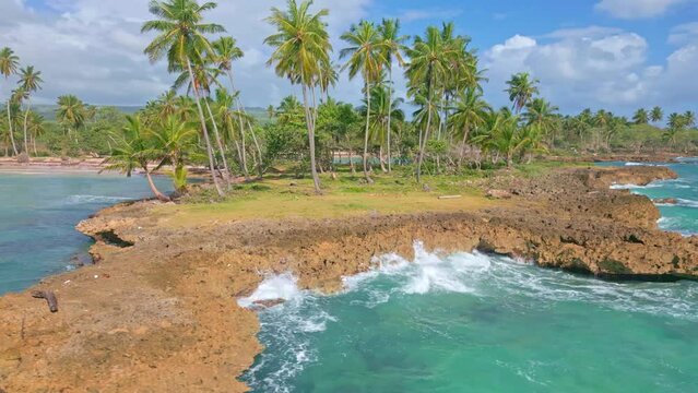 Rocky outcrop with palms on coastline of Playa Los Coquitos, Caribbean; aerial