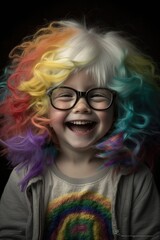 Beautiful Portrait of a Happy and Playful Caucasian Kid Girl Wearing a Vibrant Rainbow Wig and Oversized Glasses in Celebration of April Fool's Day like a Clown (generative AI