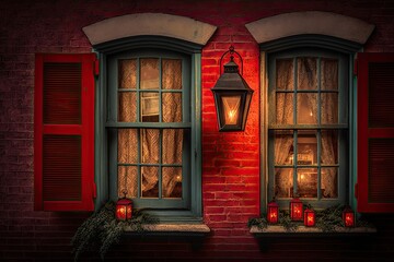christmas lanterns on window of brick house with red shutters, created with generative ai