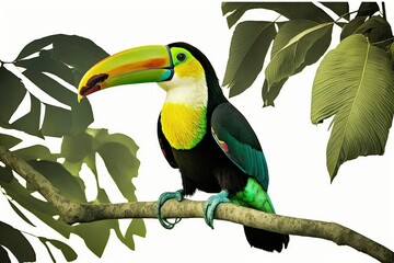 Naklejka premium Photograph shows a Keel billed Toucan (Ramphastus sulfuratus) sitting on a branch in a tropical forest. Place Costa Rica Bird of prey. Generative AI