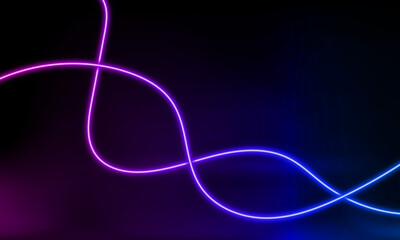 Abstract colorful neon background with wavy line glowing in the dark. Panoramic shine backdrop. 3d render. Lights rectangular line, luminous rays. Modern wave geometric shape. Vector illustration.