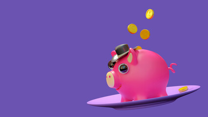 Magenta piggy bank on purple plate. Designed in minimal concept.  Purple background and clipping path. 3D Render.