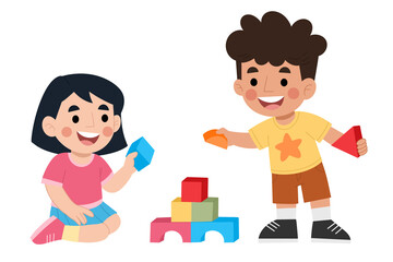 Illustration of happy children playing with building blocks