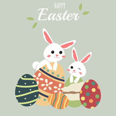 Fototapeta premium Happy easter card with a bunny and eggs. Vector Illustration