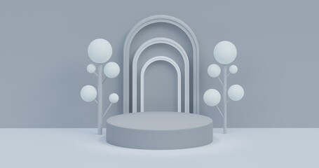 3d rendering of gray podium or pedestal with gray tree ornaments for product display