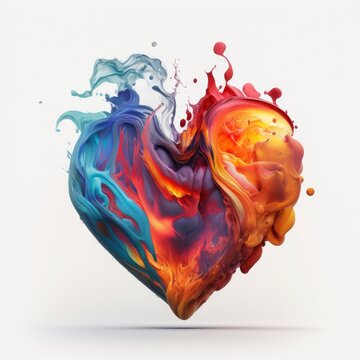 heart made of splashes ice and fire water wave, isolated on white background, template illustration copy space art design for logo, generative ai
