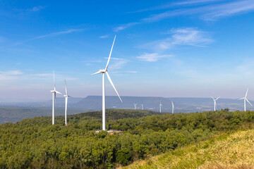 Wind turbines farm on mountanis landscape at Lam Takong Reservoir Views against blue sky with...