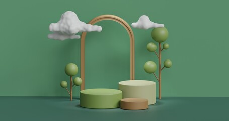 3d rendering of green podium or pedestal with trees and clouds ornaments for product display