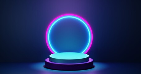 3d rendering of glow in dark theme podium or pedestal with for product display